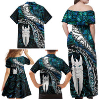 New Zealand Aotearoa Family Matching Off Shoulder Maxi Dress and Hawaiian Shirt Maori Hei Rehua Paua Shell Glitter Green LT05 - Polynesian Pride