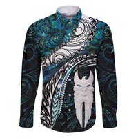 New Zealand Aotearoa Family Matching Off Shoulder Maxi Dress and Hawaiian Shirt Maori Hei Rehua Paua Shell Glitter Green LT05 Dad's Shirt - Long Sleeve Green - Polynesian Pride