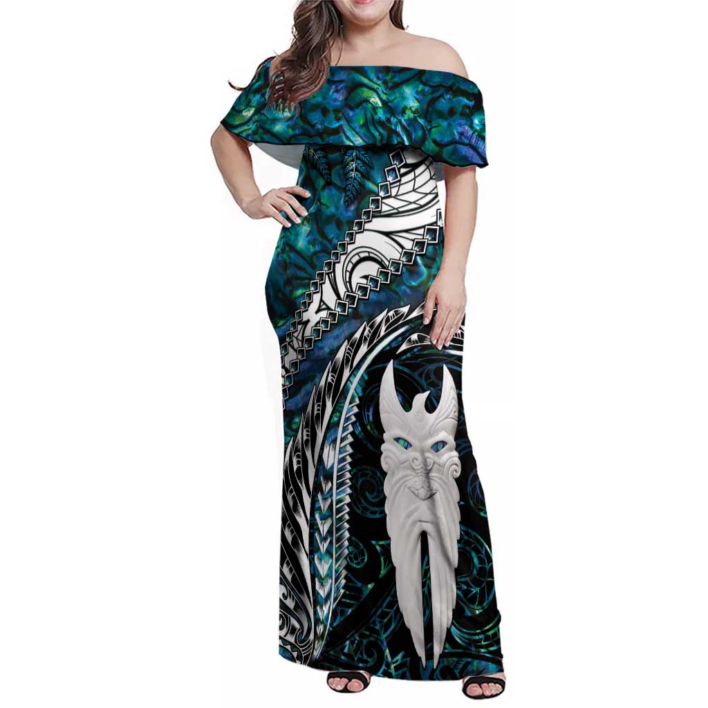 New Zealand Aotearoa Family Matching Off Shoulder Maxi Dress and Hawaiian Shirt Maori Hei Rehua Paua Shell Glitter Green LT05 Mom's Dress Green - Polynesian Pride