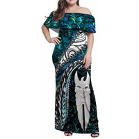 New Zealand Aotearoa Family Matching Off Shoulder Maxi Dress and Hawaiian Shirt Maori Hei Rehua Paua Shell Glitter Green LT05 Mom's Dress Green - Polynesian Pride