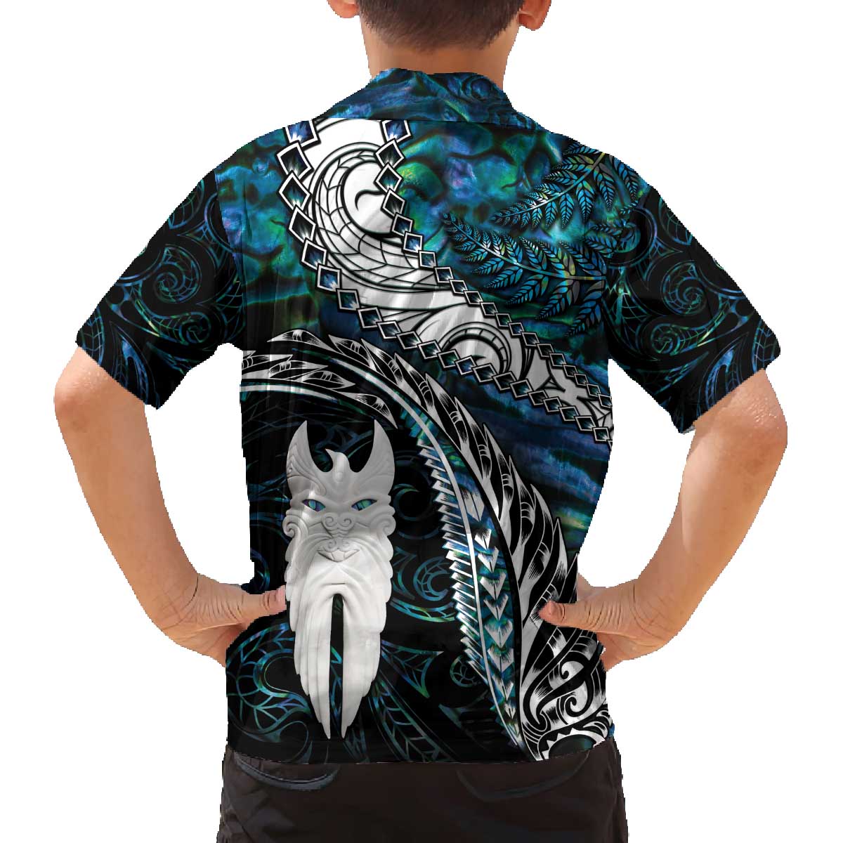 New Zealand Aotearoa Family Matching Off Shoulder Short Dress and Hawaiian Shirt Maori Hei Rehua Paua Shell Glitter Green LT05 - Polynesian Pride