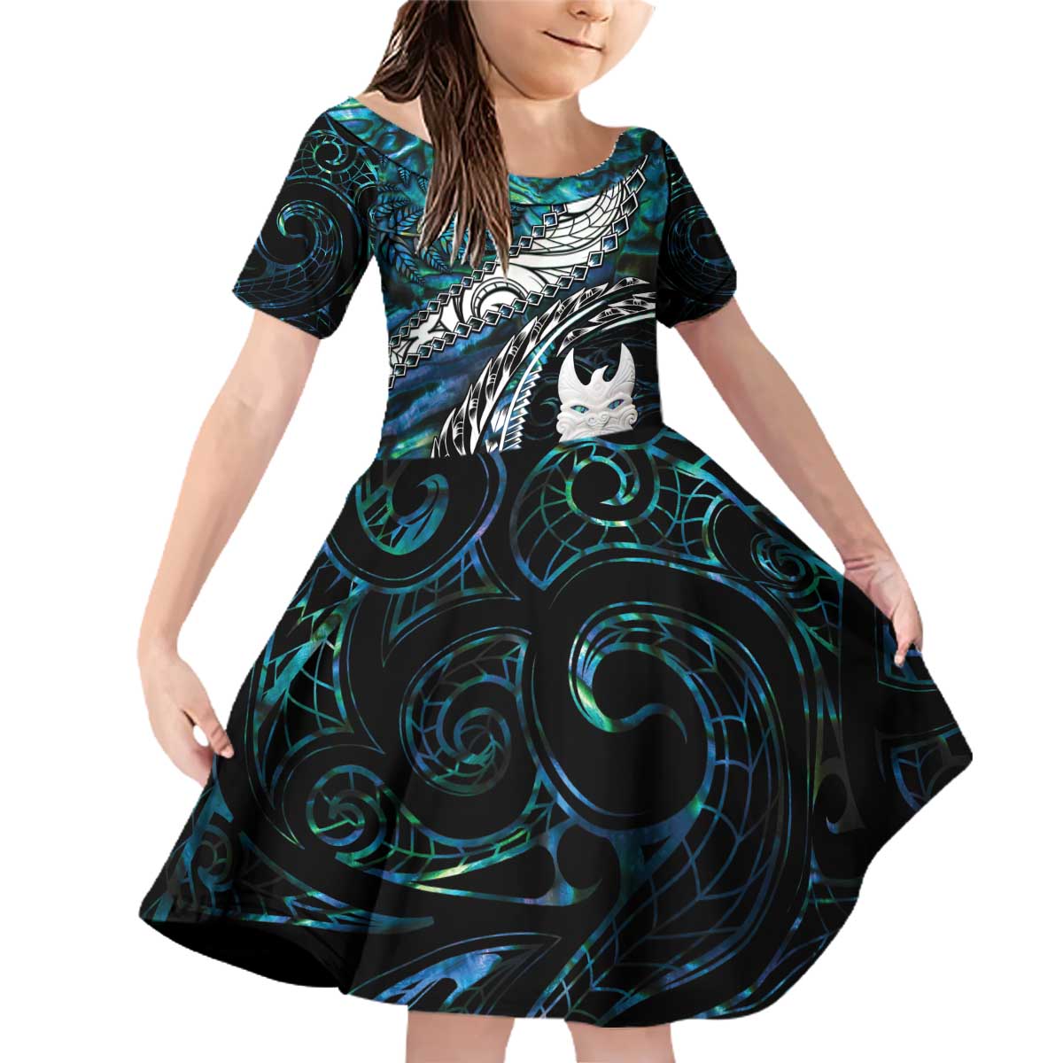 New Zealand Aotearoa Family Matching Off Shoulder Short Dress and Hawaiian Shirt Maori Hei Rehua Paua Shell Glitter Green LT05 Daughter's Dress Green - Polynesian Pride
