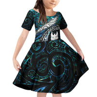 New Zealand Aotearoa Family Matching Off Shoulder Short Dress and Hawaiian Shirt Maori Hei Rehua Paua Shell Glitter Green LT05 Daughter's Dress Green - Polynesian Pride