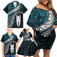 New Zealand Aotearoa Family Matching Off Shoulder Short Dress and Hawaiian Shirt Maori Hei Rehua Paua Shell Glitter Green LT05 - Polynesian Pride