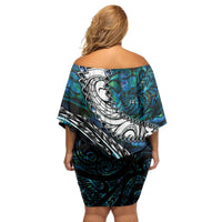 New Zealand Aotearoa Family Matching Off Shoulder Short Dress and Hawaiian Shirt Maori Hei Rehua Paua Shell Glitter Green LT05 - Polynesian Pride