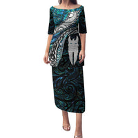 New Zealand Aotearoa Family Matching Puletasi and Hawaiian Shirt Maori Hei Rehua Paua Shell Glitter Green LT05 Mom's Dress Green - Polynesian Pride