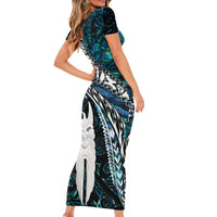New Zealand Aotearoa Family Matching Short Sleeve Bodycon Dress and Hawaiian Shirt Maori Hei Rehua Paua Shell Glitter Green LT05 - Polynesian Pride
