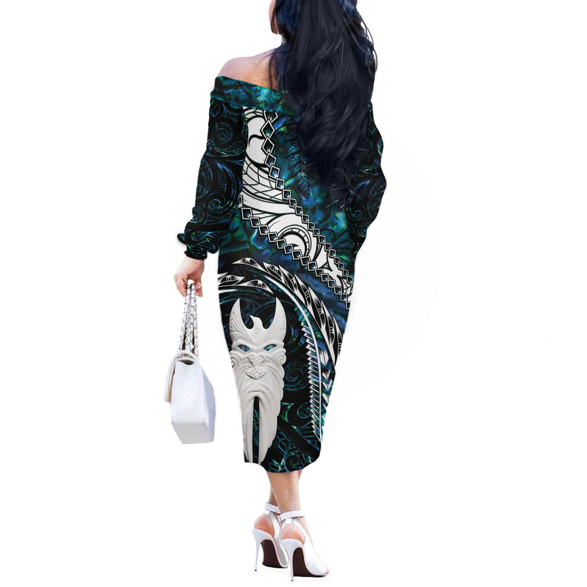 New Zealand Aotearoa Off The Shoulder Long Sleeve Dress Maori Hei Rehua Paua Shell Glitter Green LT05 - Polynesian Pride