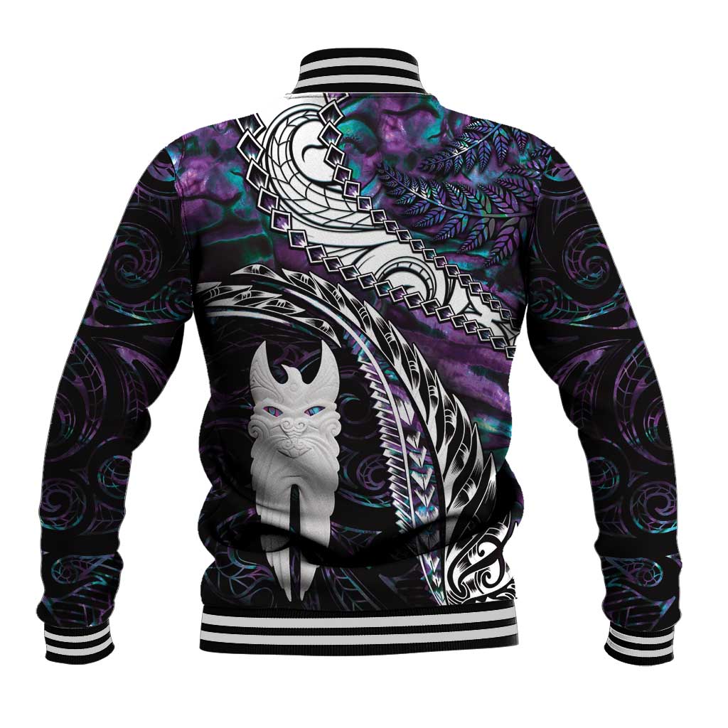 New Zealand Aotearoa Baseball Jacket Maori Hei Rehua Paua Shell Glitter Purple