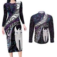 New Zealand Aotearoa Couples Matching Long Sleeve Bodycon Dress and Long Sleeve Button Shirt Maori Hei Rehua Paua Shell Glitter Purple LT05 Purple - Polynesian Pride