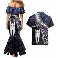 New Zealand Aotearoa Couples Matching Mermaid Dress and Hawaiian Shirt Maori Hei Rehua Paua Shell Glitter Purple LT05 - Polynesian Pride