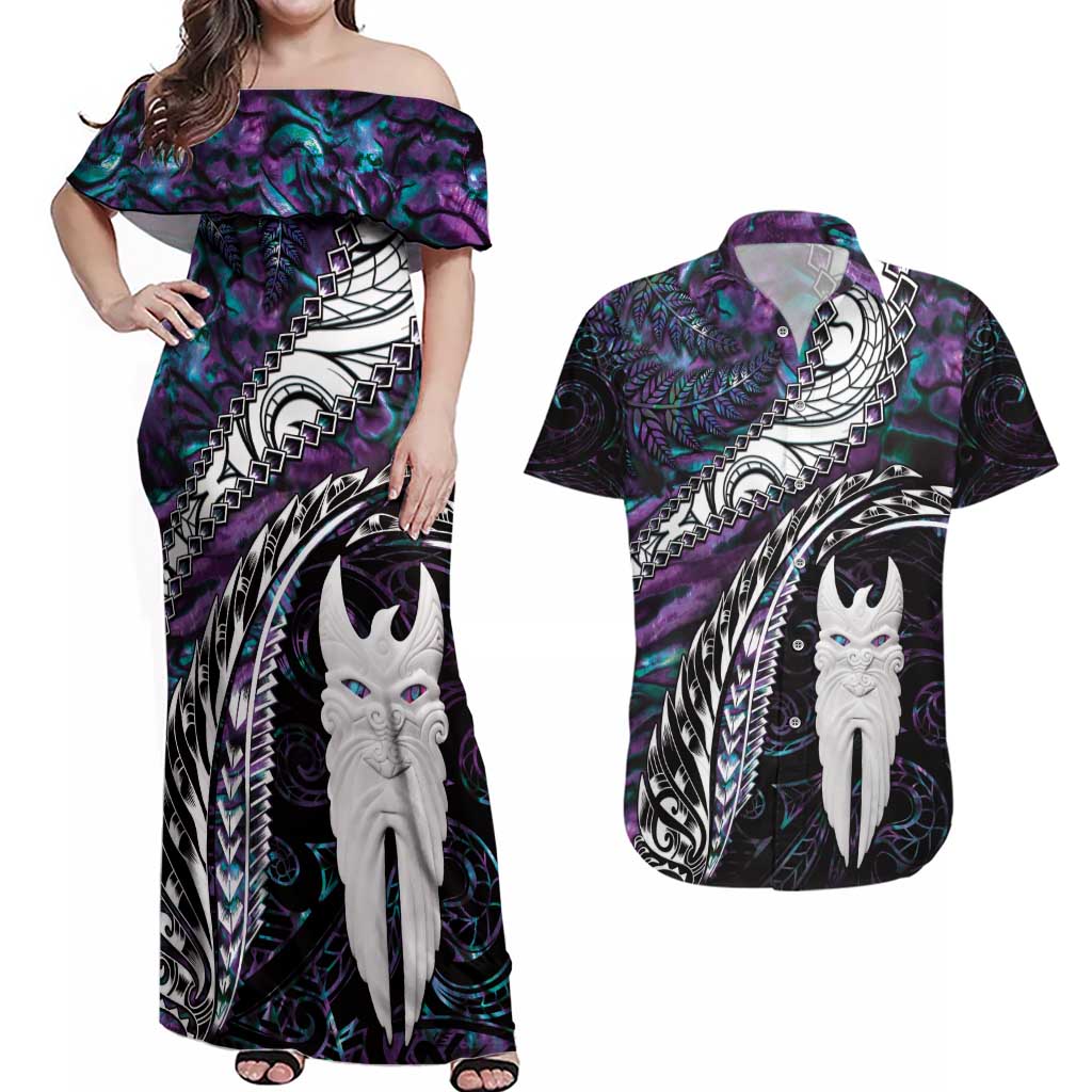 New Zealand Aotearoa Couples Matching Off Shoulder Maxi Dress and Hawaiian Shirt Maori Hei Rehua Paua Shell Glitter Purple LT05 Purple - Polynesian Pride