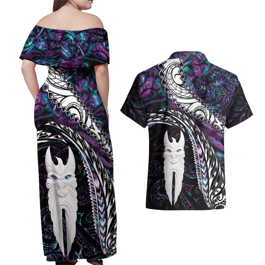 New Zealand Aotearoa Couples Matching Off Shoulder Maxi Dress and Hawaiian Shirt Maori Hei Rehua Paua Shell Glitter Purple LT05 - Polynesian Pride