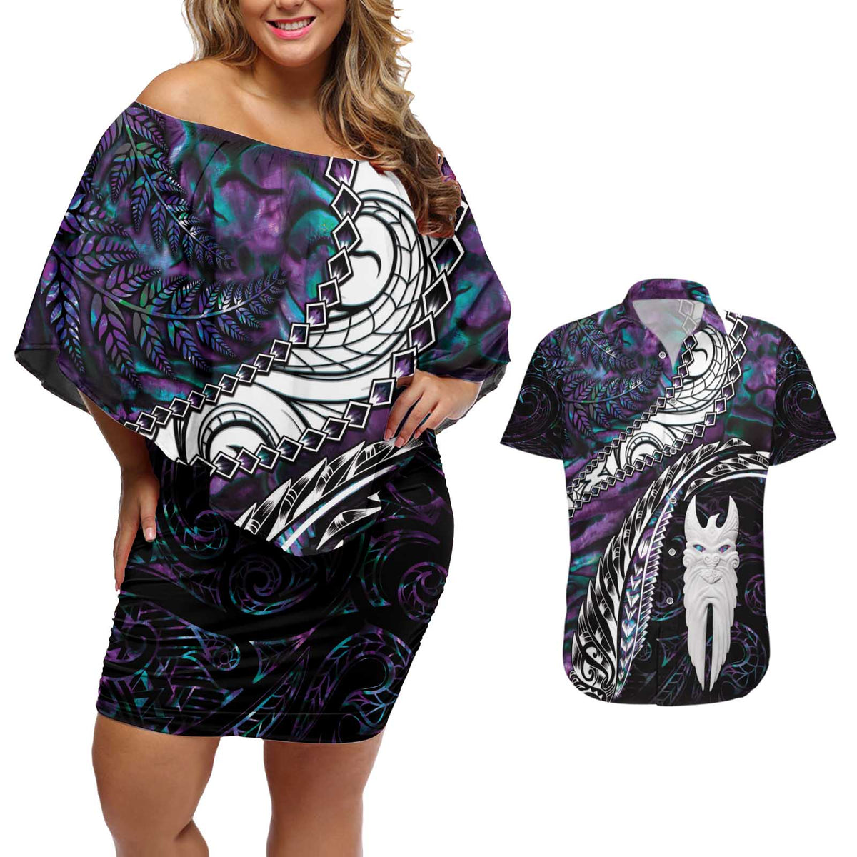 New Zealand Aotearoa Couples Matching Off Shoulder Short Dress and Hawaiian Shirt Maori Hei Rehua Paua Shell Glitter Purple LT05 Purple - Polynesian Pride