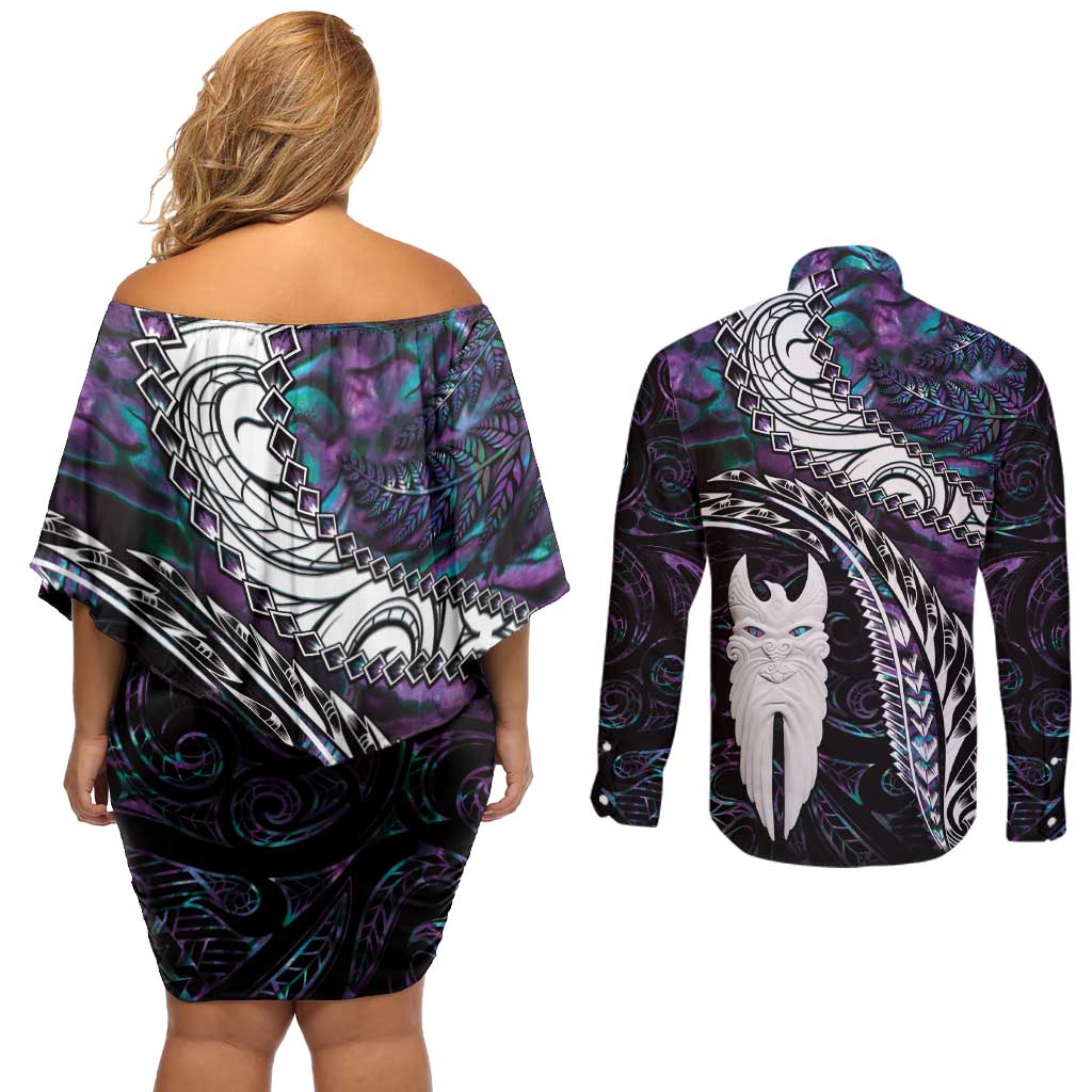 New Zealand Aotearoa Couples Matching Off Shoulder Short Dress and Long Sleeve Button Shirt Maori Hei Rehua Paua Shell Glitter Purple LT05 - Polynesian Pride