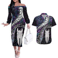 New Zealand Aotearoa Couples Matching Off The Shoulder Long Sleeve Dress and Hawaiian Shirt Maori Hei Rehua Paua Shell Glitter Purple LT05 Purple - Polynesian Pride