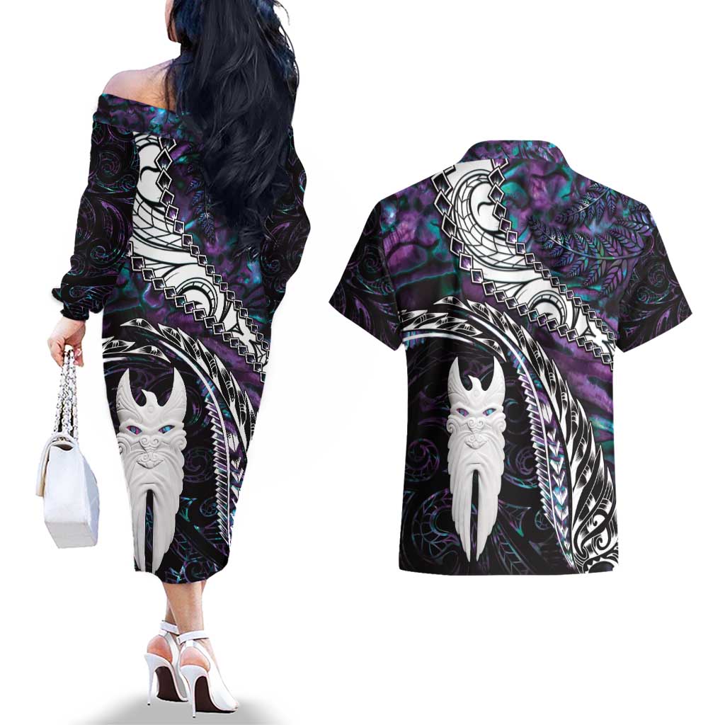 New Zealand Aotearoa Couples Matching Off The Shoulder Long Sleeve Dress and Hawaiian Shirt Maori Hei Rehua Paua Shell Glitter Purple LT05 - Polynesian Pride