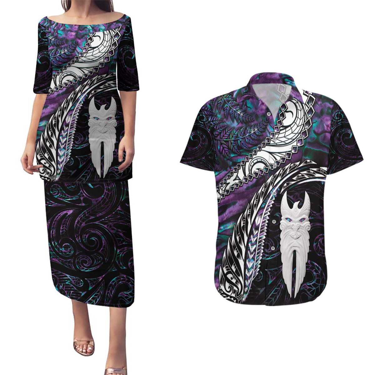New Zealand Aotearoa Couples Matching Puletasi and Hawaiian Shirt Maori Hei Rehua Paua Shell Glitter Purple LT05 Purple - Polynesian Pride