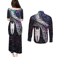 New Zealand Aotearoa Couples Matching Puletasi and Long Sleeve Button Shirt Maori Hei Rehua Paua Shell Glitter Purple LT05 - Polynesian Pride