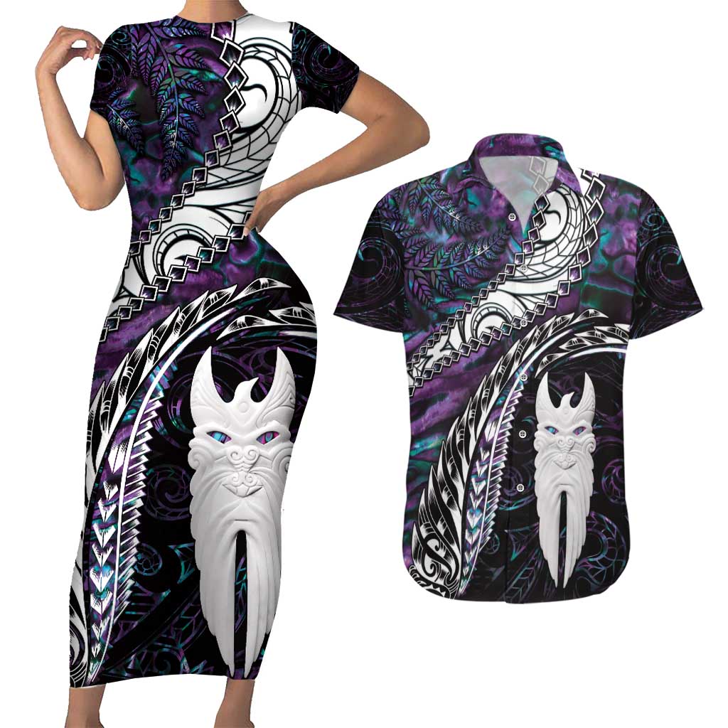 New Zealand Aotearoa Couples Matching Short Sleeve Bodycon Dress and Hawaiian Shirt Maori Hei Rehua Paua Shell Glitter Purple LT05 Purple - Polynesian Pride