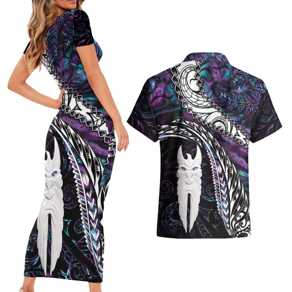New Zealand Aotearoa Couples Matching Short Sleeve Bodycon Dress and Hawaiian Shirt Maori Hei Rehua Paua Shell Glitter Purple LT05 - Polynesian Pride