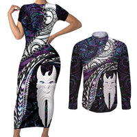 New Zealand Aotearoa Couples Matching Short Sleeve Bodycon Dress and Long Sleeve Button Shirt Maori Hei Rehua Paua Shell Glitter Purple LT05 Purple - Polynesian Pride