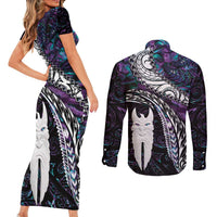 New Zealand Aotearoa Couples Matching Short Sleeve Bodycon Dress and Long Sleeve Button Shirt Maori Hei Rehua Paua Shell Glitter Purple LT05 - Polynesian Pride
