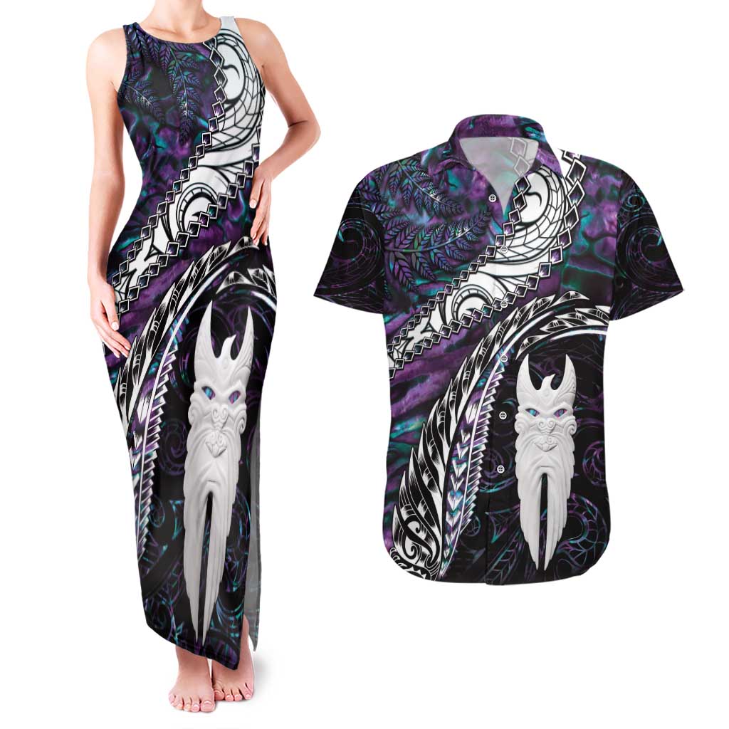 New Zealand Aotearoa Couples Matching Tank Maxi Dress and Hawaiian Shirt Maori Hei Rehua Paua Shell Glitter Purple LT05 Purple - Polynesian Pride