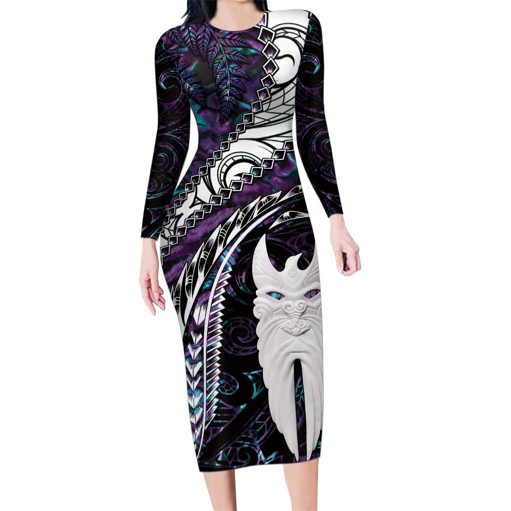 New Zealand Aotearoa Family Matching Long Sleeve Bodycon Dress and Hawaiian Shirt Maori Hei Rehua Paua Shell Glitter Purple LT05 Mom's Dress Purple - Polynesian Pride