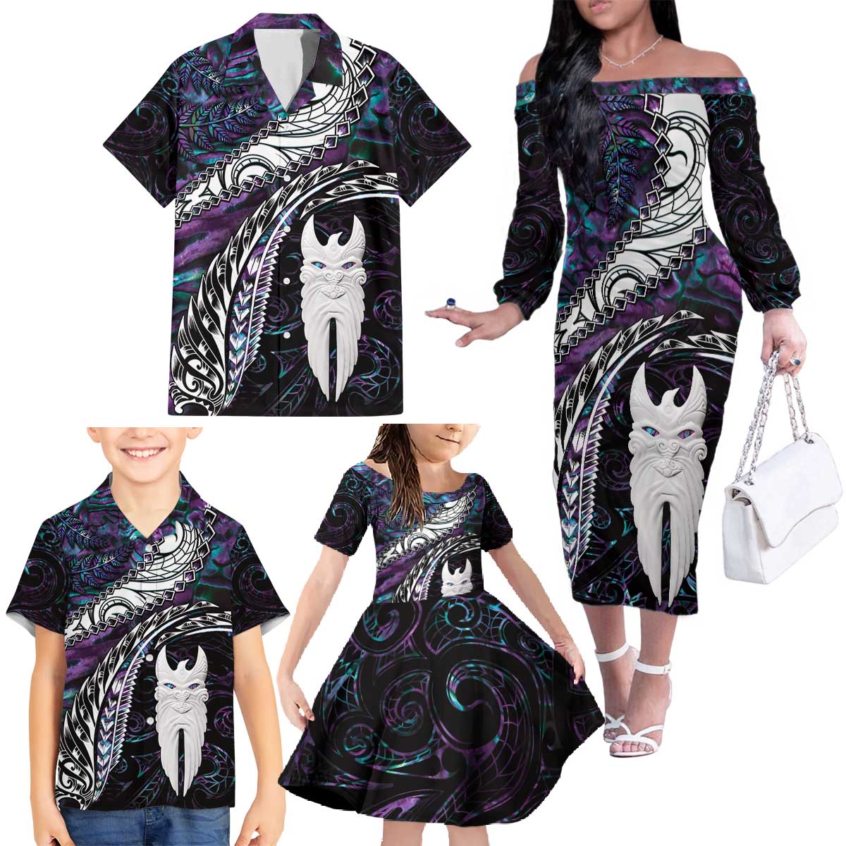 New Zealand Aotearoa Family Matching Off The Shoulder Long Sleeve Dress and Hawaiian Shirt Maori Hei Rehua Paua Shell Glitter Purple LT05 - Polynesian Pride