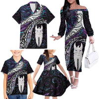 New Zealand Aotearoa Family Matching Off The Shoulder Long Sleeve Dress and Hawaiian Shirt Maori Hei Rehua Paua Shell Glitter Purple LT05 - Polynesian Pride