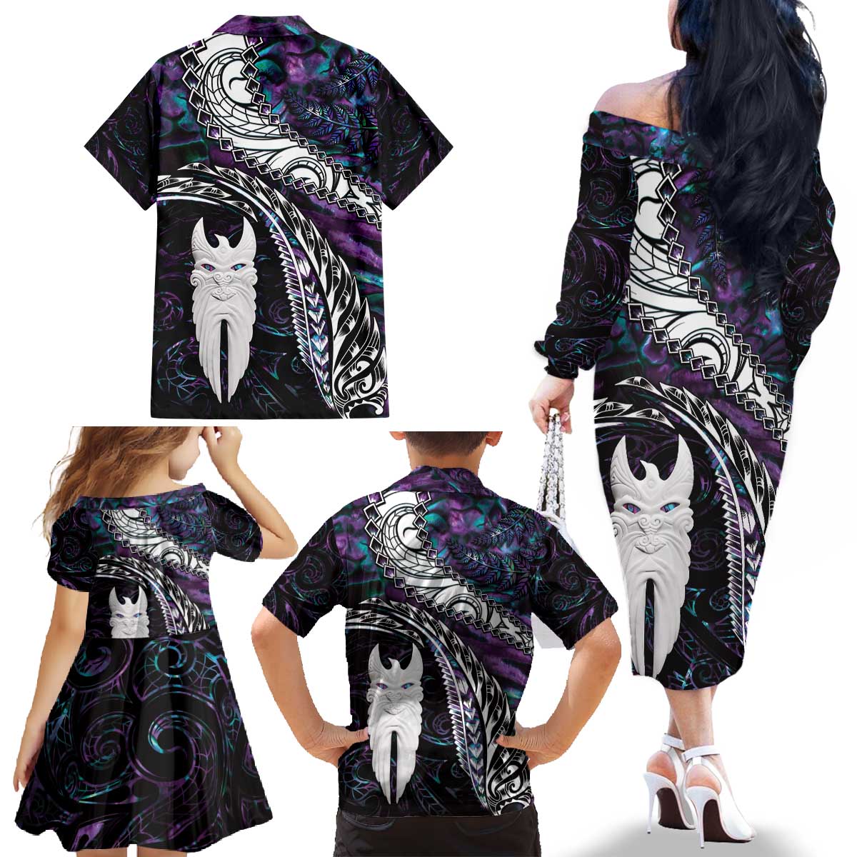 New Zealand Aotearoa Family Matching Off The Shoulder Long Sleeve Dress and Hawaiian Shirt Maori Hei Rehua Paua Shell Glitter Purple LT05 - Polynesian Pride