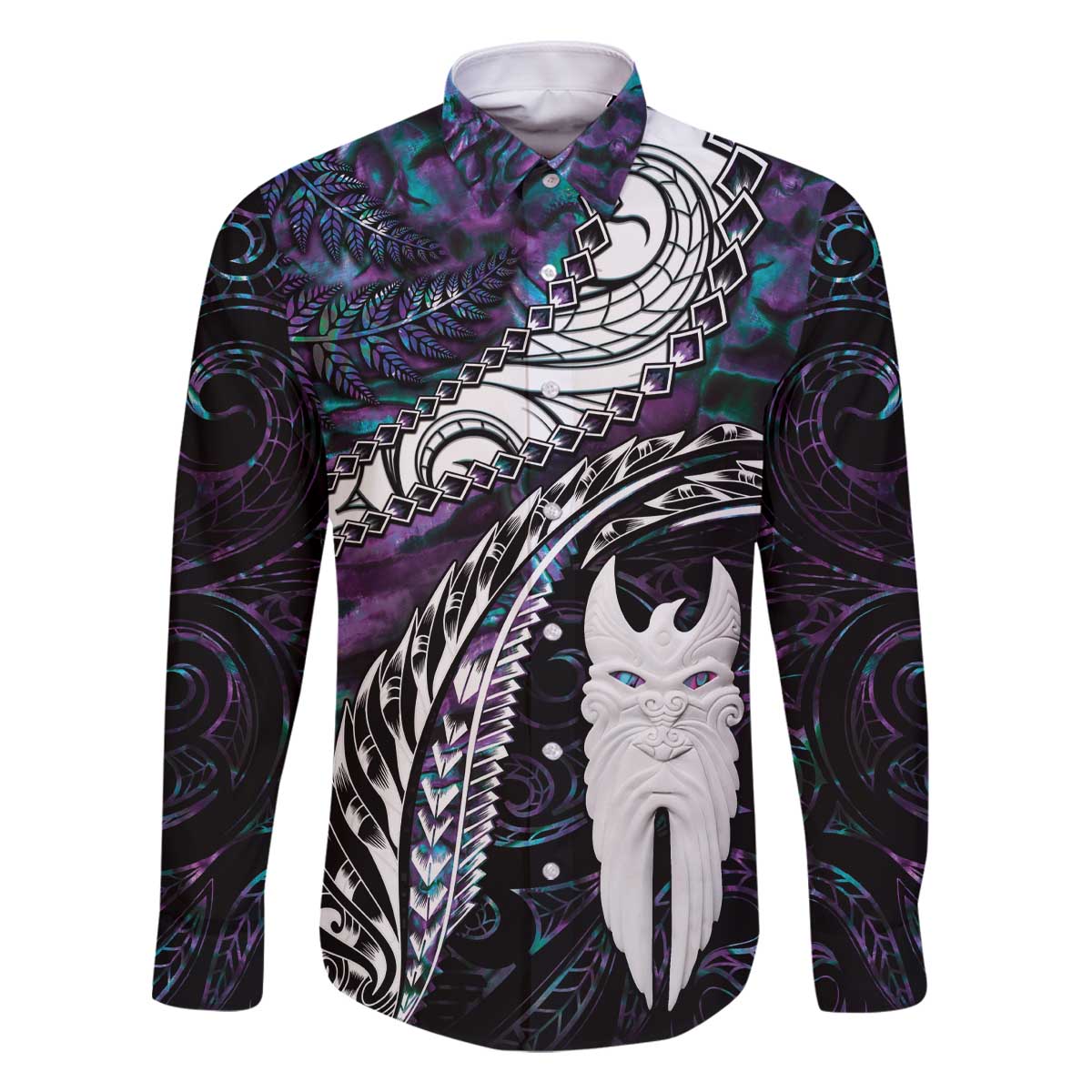 New Zealand Aotearoa Family Matching Off The Shoulder Long Sleeve Dress and Hawaiian Shirt Maori Hei Rehua Paua Shell Glitter Purple LT05 Dad's Shirt - Long Sleeve Purple - Polynesian Pride