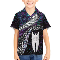 New Zealand Aotearoa Family Matching Off The Shoulder Long Sleeve Dress and Hawaiian Shirt Maori Hei Rehua Paua Shell Glitter Purple LT05 Son's Shirt Purple - Polynesian Pride