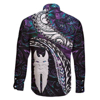 New Zealand Aotearoa Family Matching Off Shoulder Maxi Dress and Hawaiian Shirt Maori Hei Rehua Paua Shell Glitter Purple LT05 - Polynesian Pride