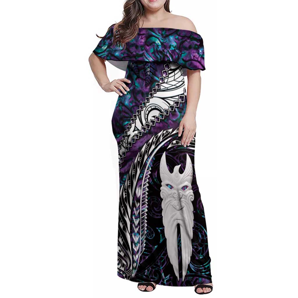 New Zealand Aotearoa Family Matching Off Shoulder Maxi Dress and Hawaiian Shirt Maori Hei Rehua Paua Shell Glitter Purple LT05 Mom's Dress Purple - Polynesian Pride
