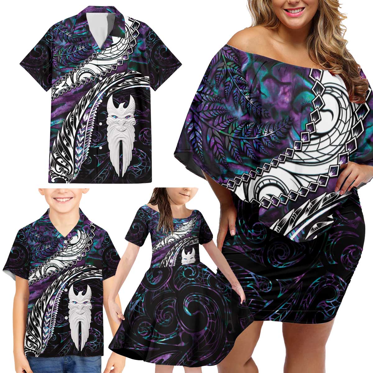 New Zealand Aotearoa Family Matching Off Shoulder Short Dress and Hawaiian Shirt Maori Hei Rehua Paua Shell Glitter Purple LT05 - Polynesian Pride