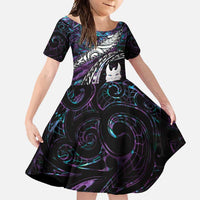 New Zealand Aotearoa Family Matching Summer Maxi Dress and Hawaiian Shirt Maori Hei Rehua Paua Shell Glitter Purple LT05 Daughter's Dress Purple - Polynesian Pride