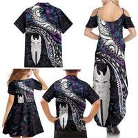New Zealand Aotearoa Family Matching Summer Maxi Dress and Hawaiian Shirt Maori Hei Rehua Paua Shell Glitter Purple LT05 - Polynesian Pride