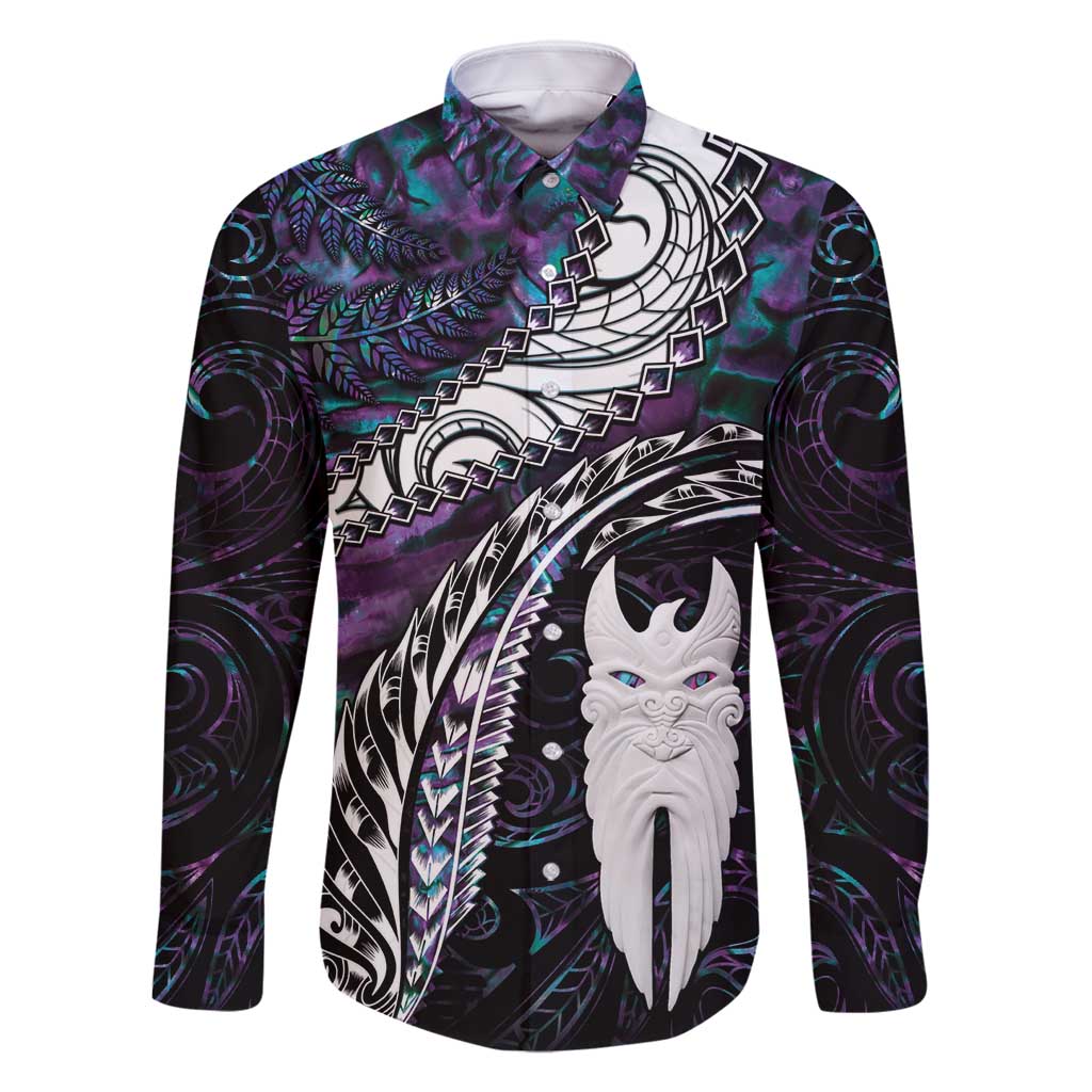 New Zealand Aotearoa Family Matching Tank Maxi Dress and Hawaiian Shirt Maori Hei Rehua Paua Shell Glitter Purple LT05 Dad's Shirt - Long Sleeve Purple - Polynesian Pride