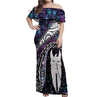 New Zealand Aotearoa Off Shoulder Maxi Dress Maori Hei Rehua Paua Shell Glitter Purple LT05 Women Purple - Polynesian Pride