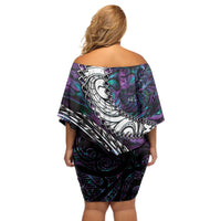 New Zealand Aotearoa Off Shoulder Short Dress Maori Hei Rehua Paua Shell Glitter Purple LT05 - Polynesian Pride