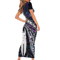 New Zealand Aotearoa Short Sleeve Bodycon Dress Maori Hei Rehua Paua Shell Glitter Purple LT05 - Polynesian Pride