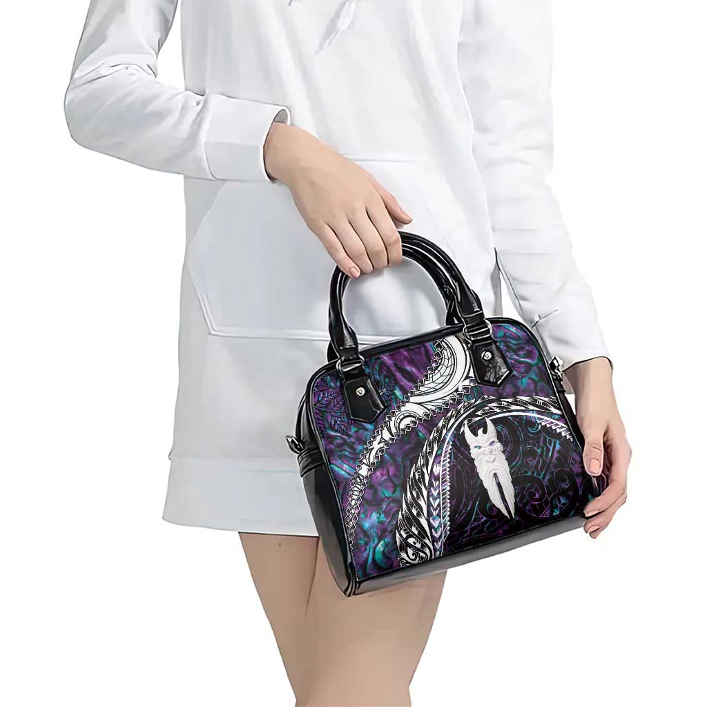 New Zealand Aotearoa Shoulder Handbag Maori Hei Rehua Paua Shell Glitter Purple