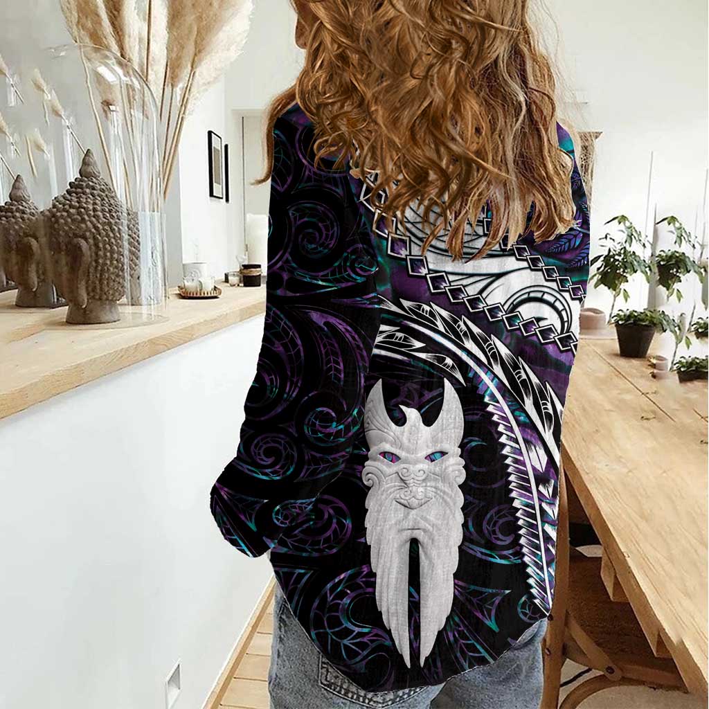 New Zealand Aotearoa Women Casual Shirt Maori Hei Rehua Paua Shell Glitter Purple LT05 - Polynesian Pride
