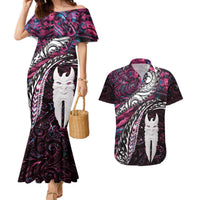 New Zealand Aotearoa Couples Matching Mermaid Dress and Hawaiian Shirt Maori Hei Rehua Paua Shell Glitter Pink LT05 Pink - Polynesian Pride