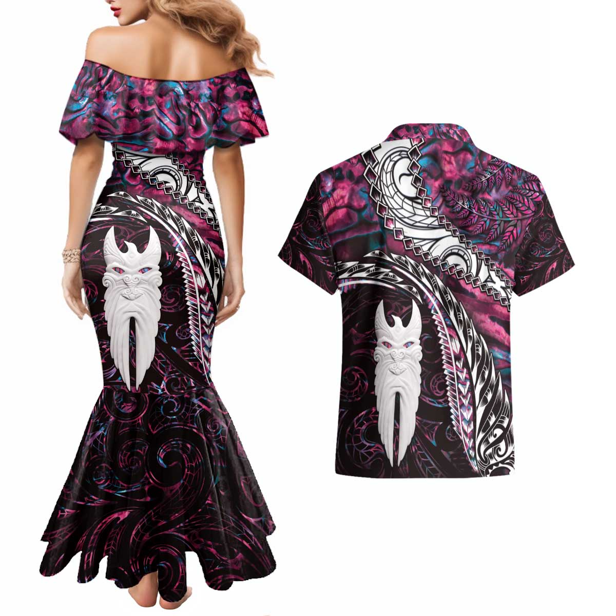 New Zealand Aotearoa Couples Matching Mermaid Dress and Hawaiian Shirt Maori Hei Rehua Paua Shell Glitter Pink LT05 - Polynesian Pride