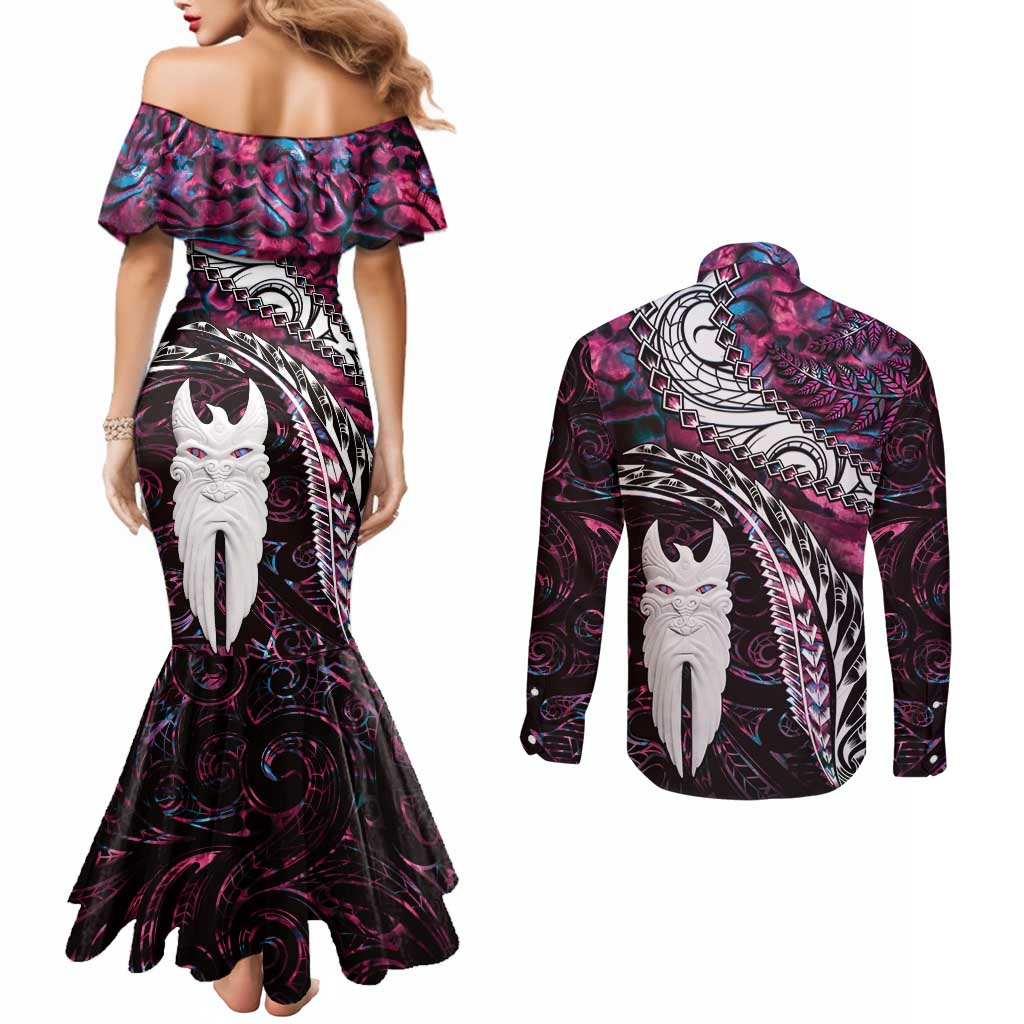 New Zealand Aotearoa Couples Matching Mermaid Dress and Long Sleeve Button Shirt Maori Hei Rehua Paua Shell Glitter Pink LT05 - Polynesian Pride
