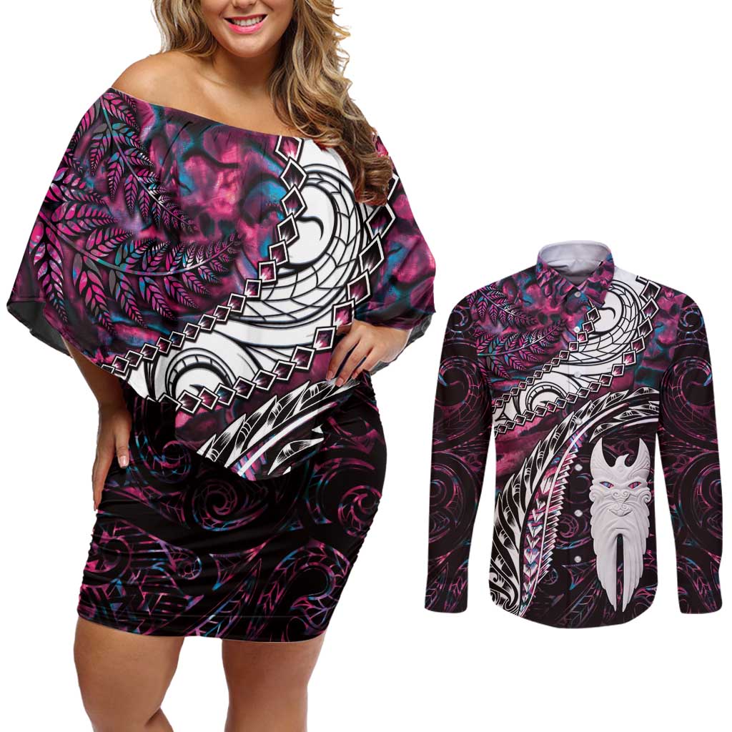 New Zealand Aotearoa Couples Matching Off Shoulder Short Dress and Long Sleeve Button Shirt Maori Hei Rehua Paua Shell Glitter Pink LT05 Pink - Polynesian Pride