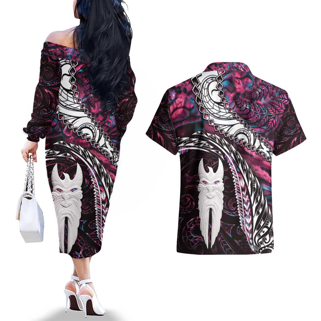 New Zealand Aotearoa Couples Matching Off The Shoulder Long Sleeve Dress and Hawaiian Shirt Maori Hei Rehua Paua Shell Glitter Pink LT05 - Polynesian Pride